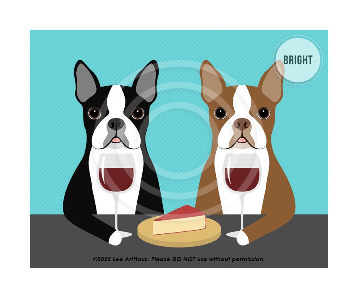 Two Boston Terriers Sharing Wine Glasses and Cheese Funny Poster - Image 2