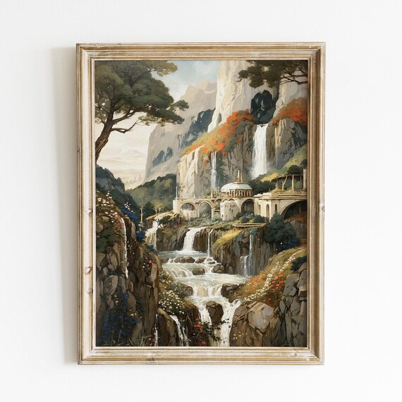 Rivendell Waterfall Elven Valley Fantasy Oil Painting Art Print