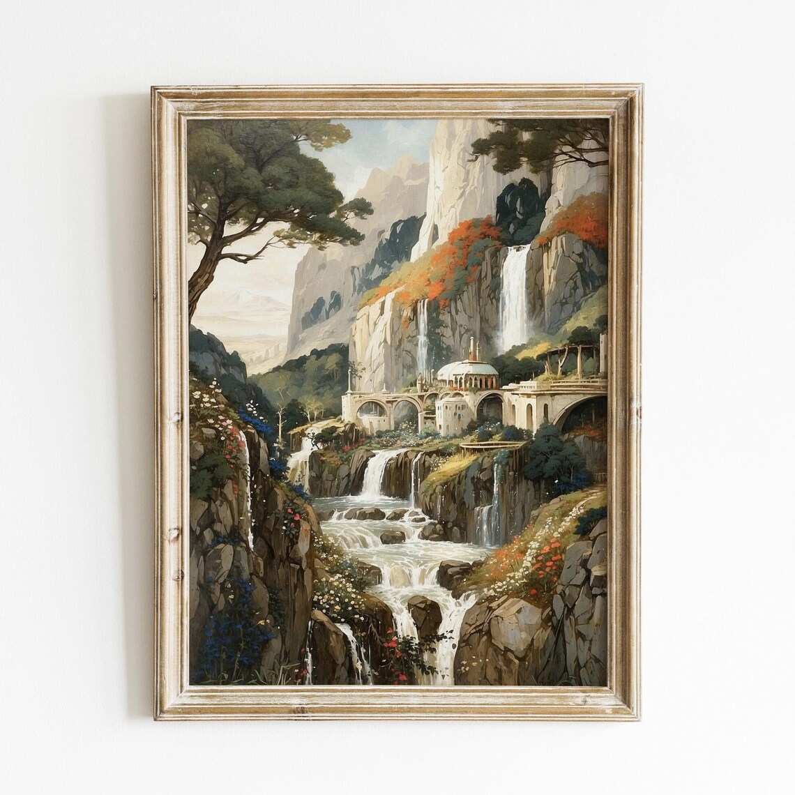 Rivendell Waterfall Elven Valley Fantasy Oil Painting Art Print