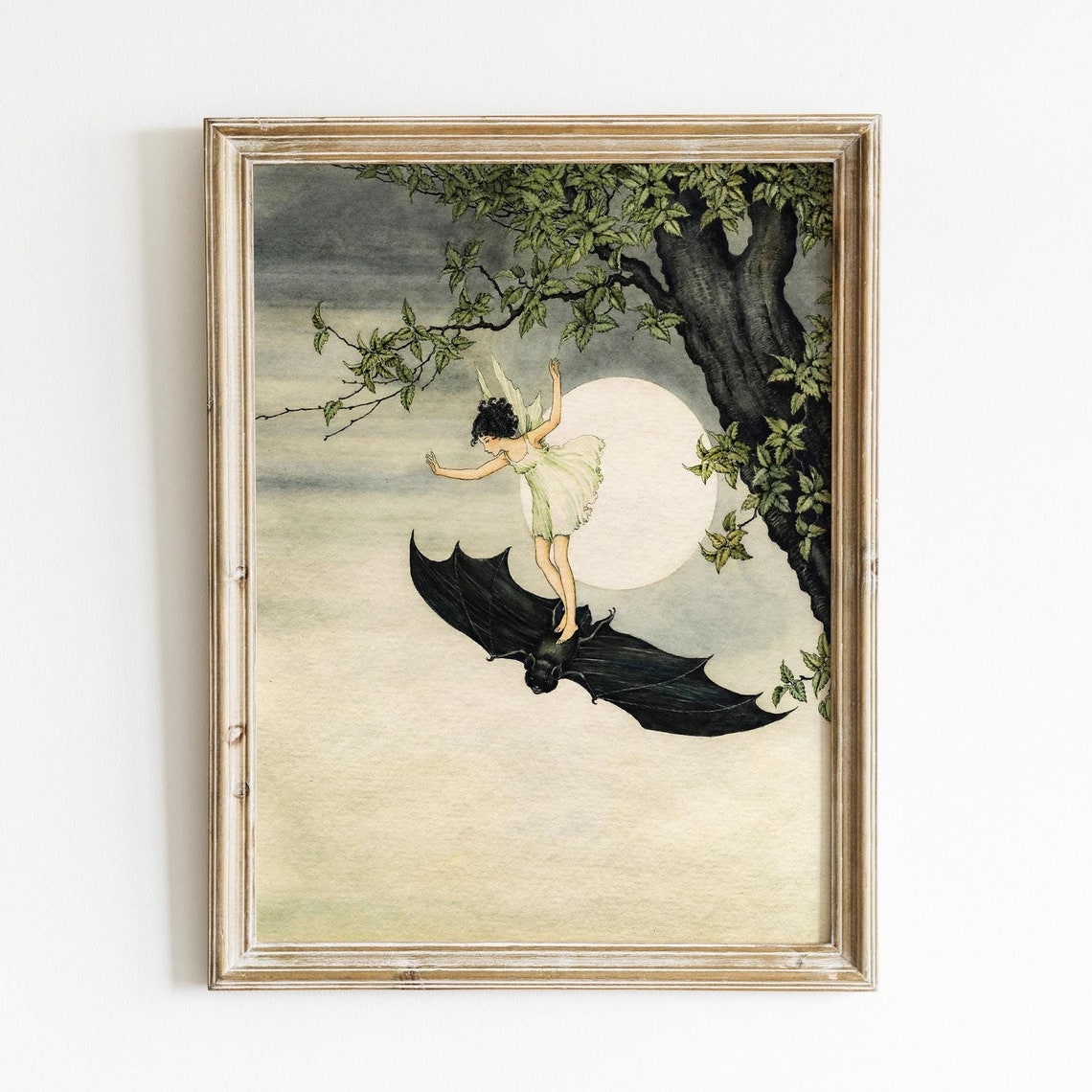 Fairy Riding a Bat Under Full Moon Vintage Storybook Art Poster