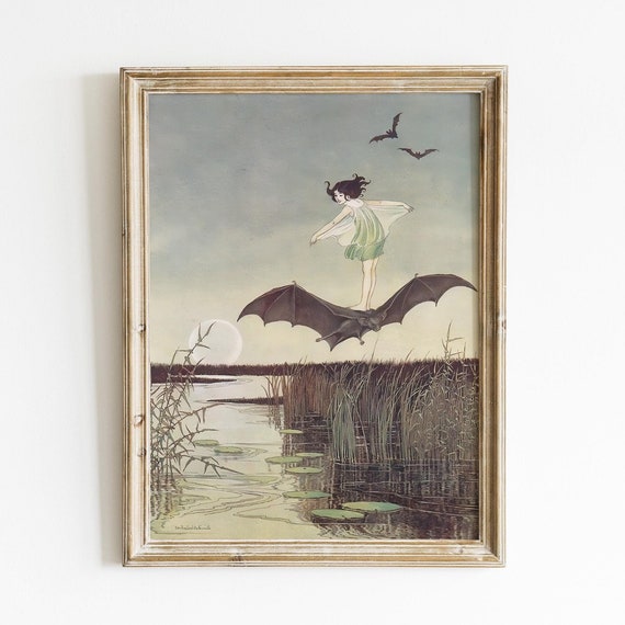 Fairy Girl Riding On A Bat Fine Art Print By Ida Rentoul Outhwaite Vintage Fairytale Illustration For Childrens Room