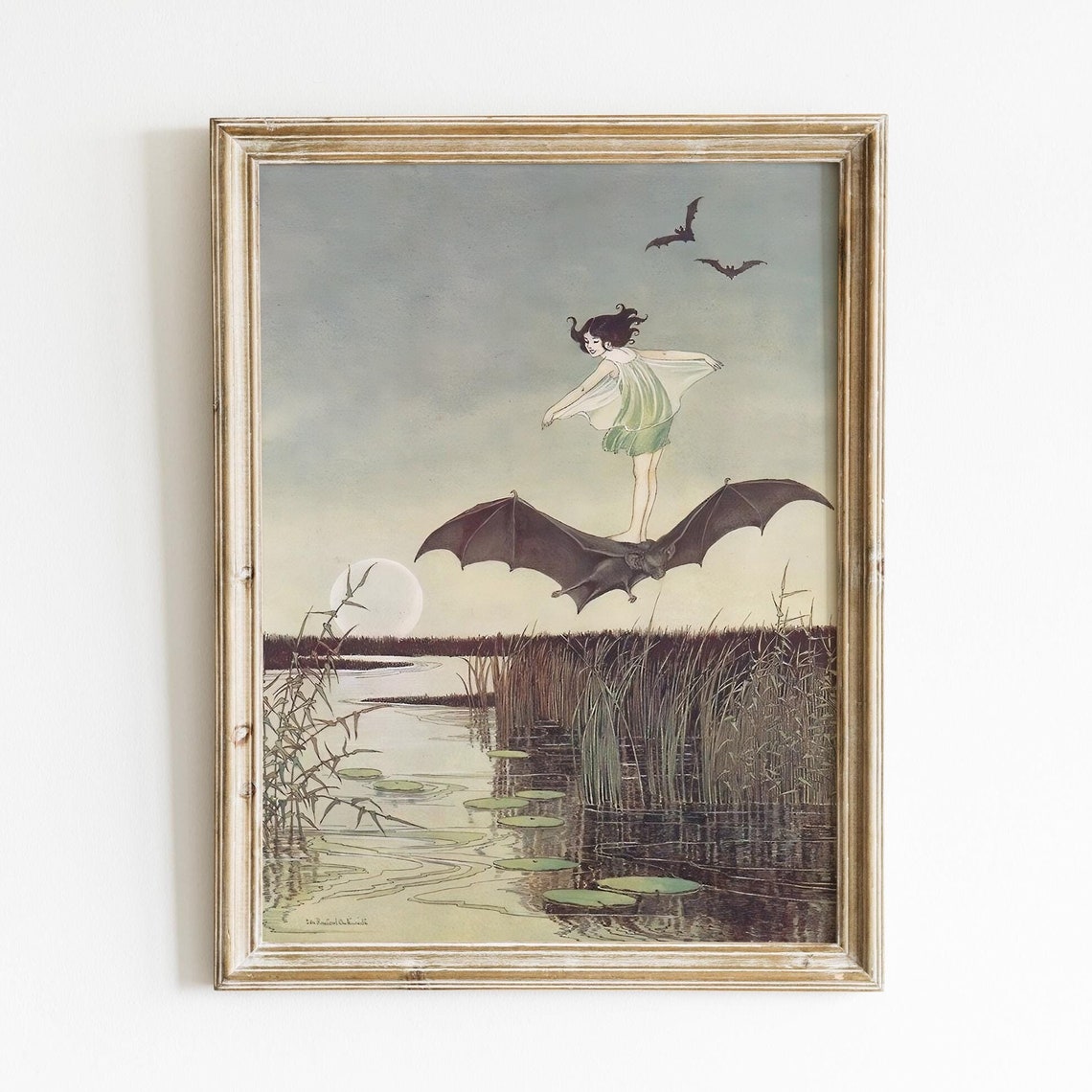 Moon Fairy Gliding on Bat Vintage Fantasy Illustration Art Poster