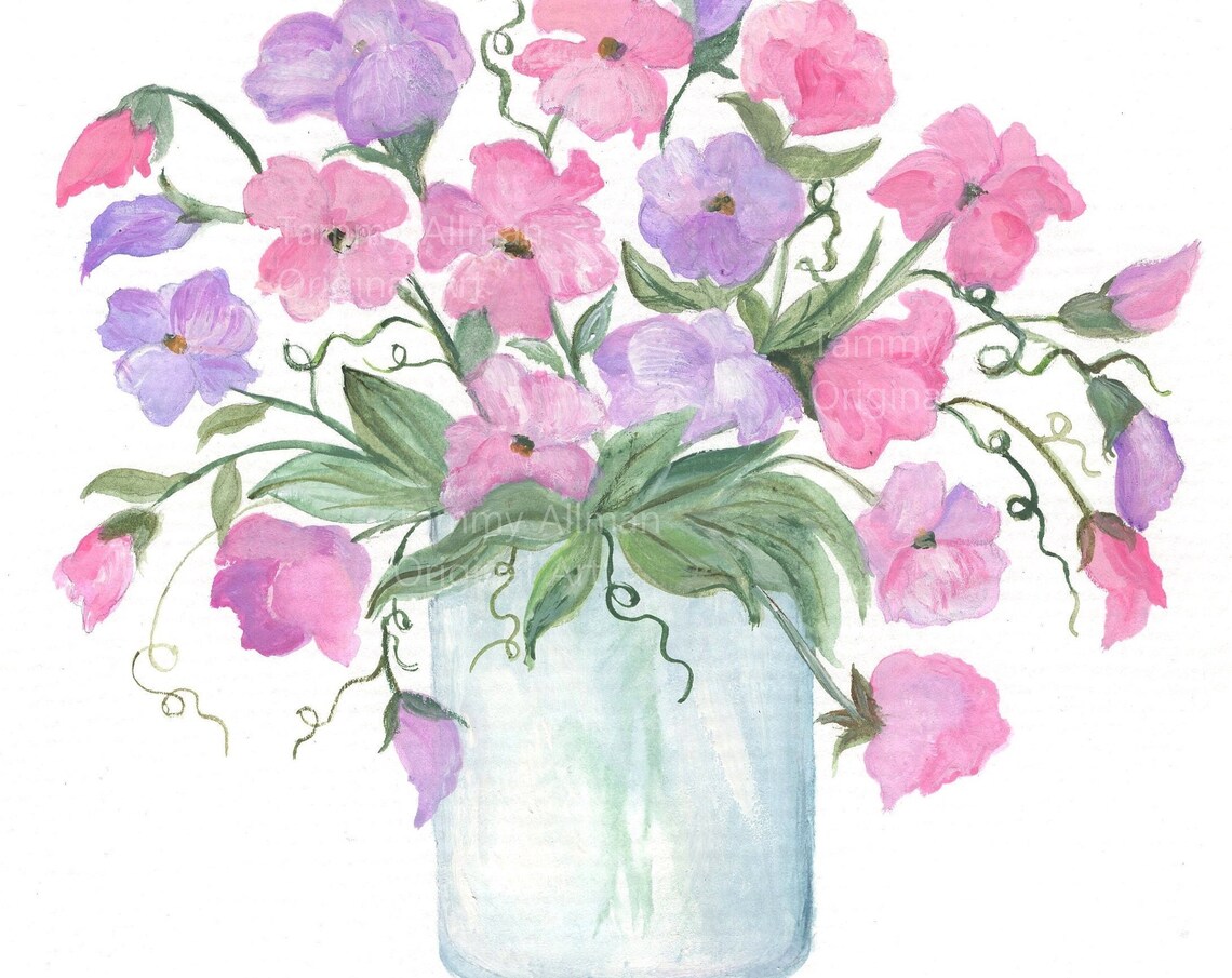 Pink and Lavender Sweet Pea Watercolor Bouquet in Glass Jar Poster - Image 5