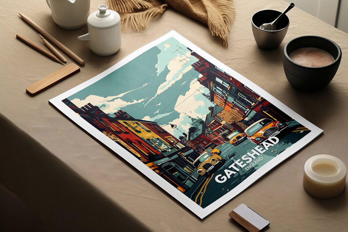 Gateshead England Colourful Terraced Street Vintage Cars Travel Poster - Image 2