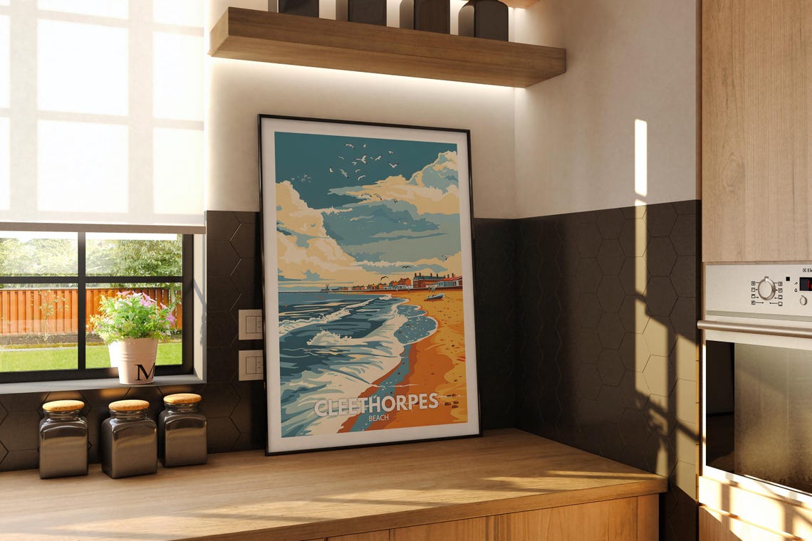 Cleethorpes Beach Travel Poster Rolling Waves Pier Seagulls Scene - Image 3