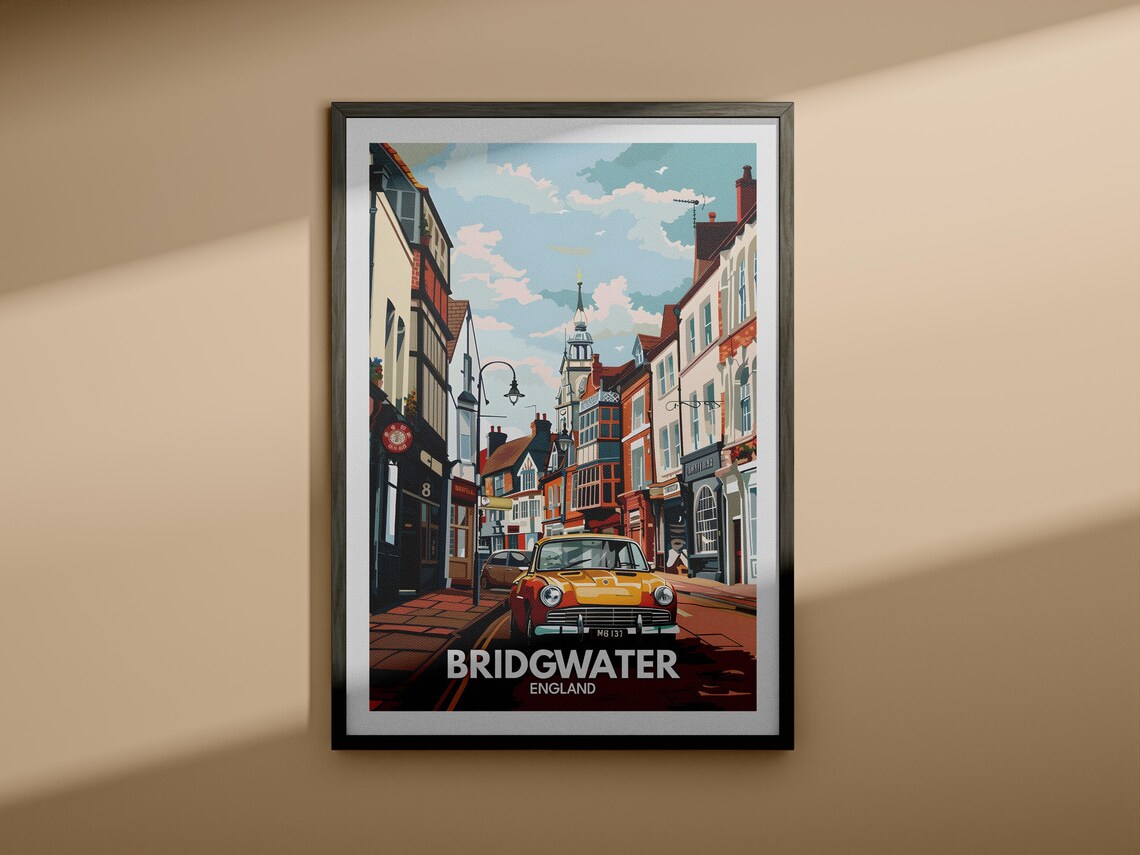 Bridgwater England Town Street Vintage Cars Church Spire Travel Poster - Image 4