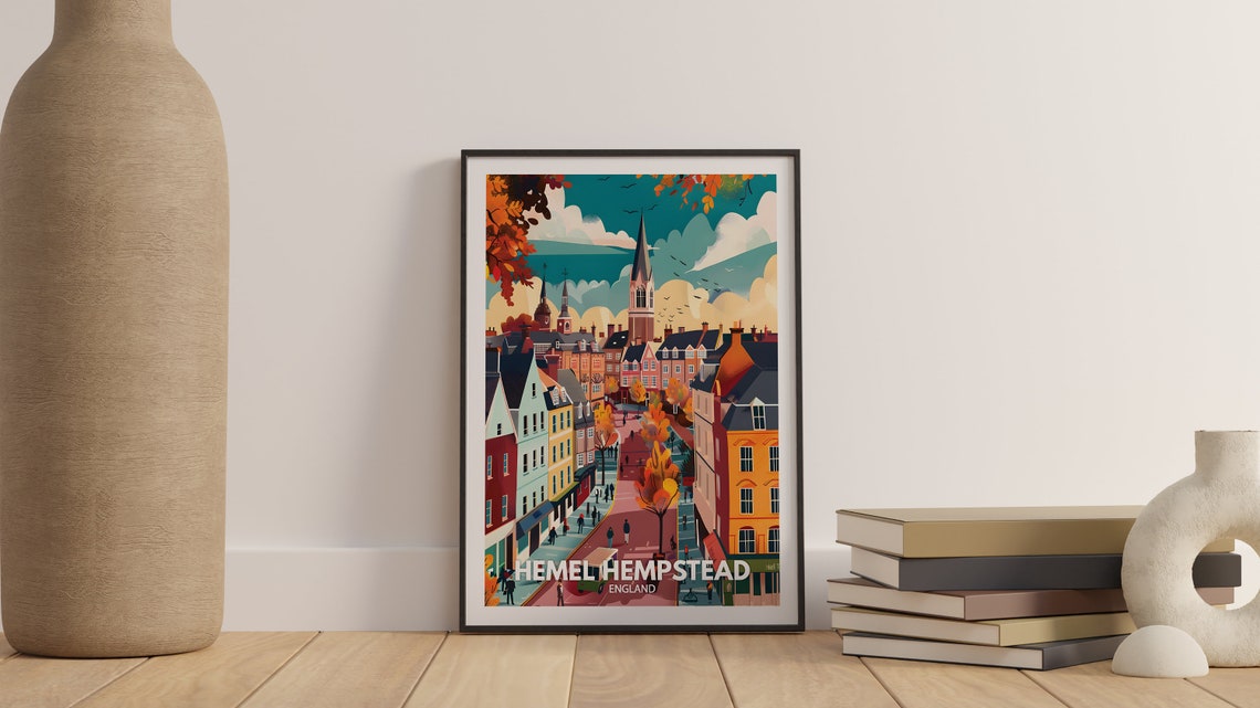 Hemel Hempstead England Travel Poster Autumn Street Spire Scene - Image 3