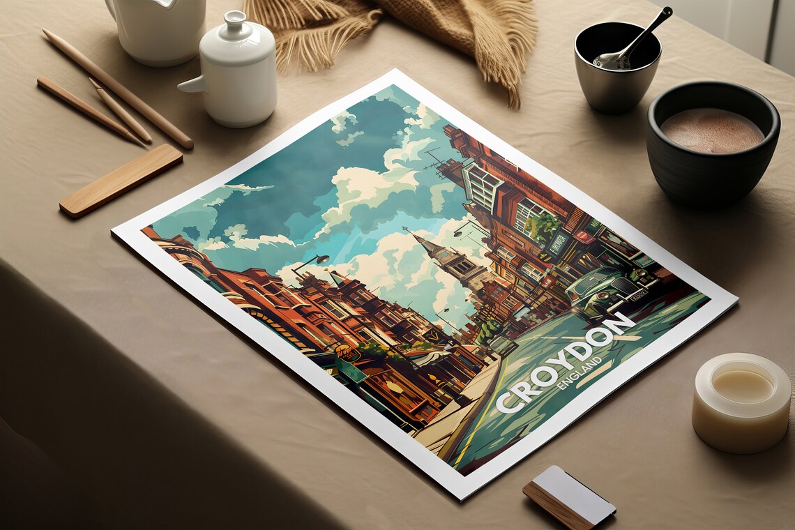 Croydon England Vintage City Street Clock Tower Classic Car Poster - Image 2