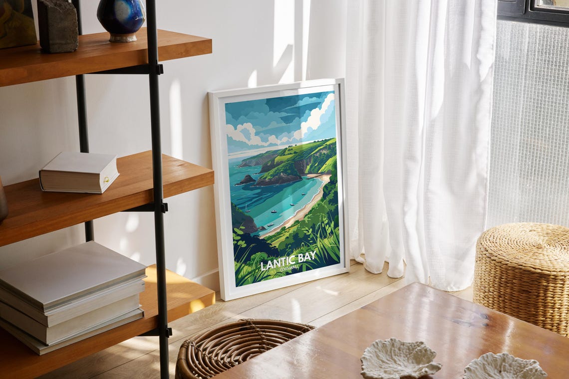 Lantic Bay Cornwall Coastal Cliffs Sandy Beach Vintage Travel Poster - Image 2