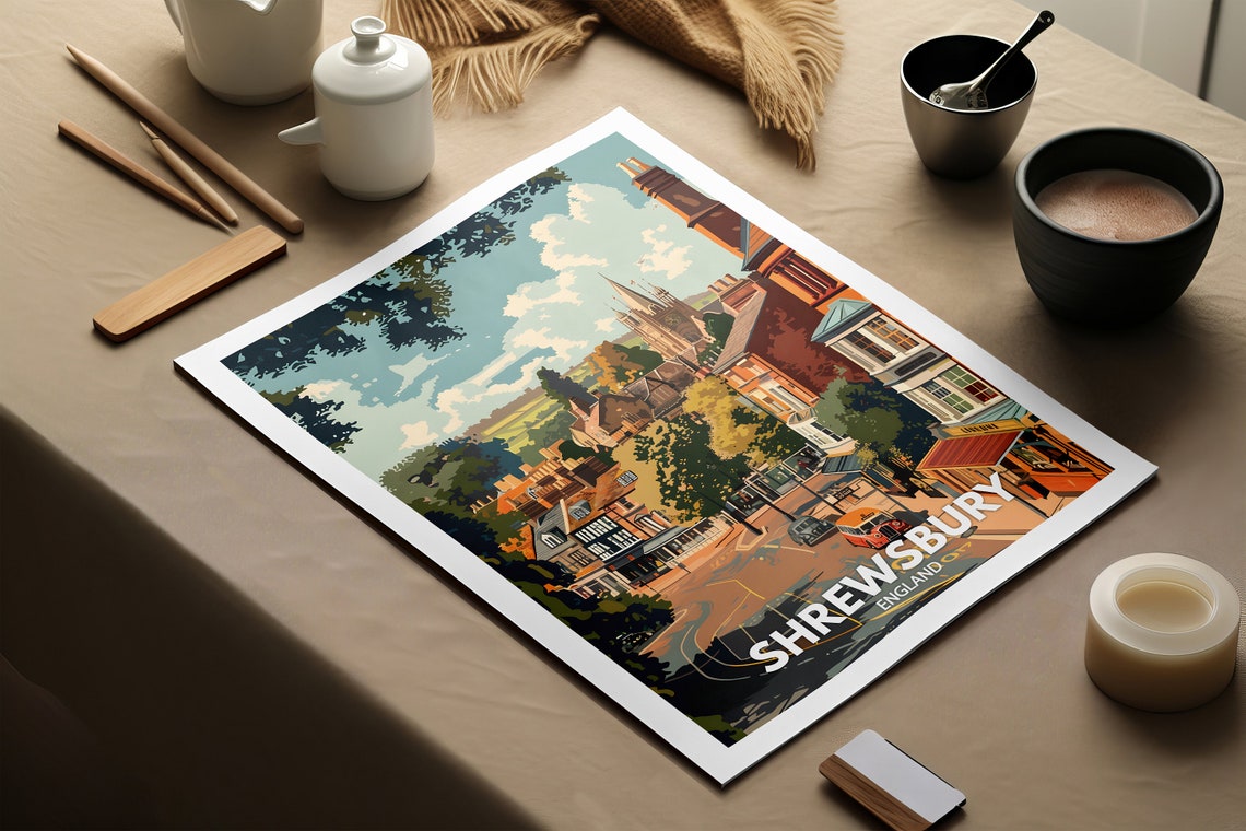 Shrewsbury Print Shrewsbury Poster Uk Wall Art England Wall Art Decor British Travel Poster United Kingdom Print England City Art - Image 2
