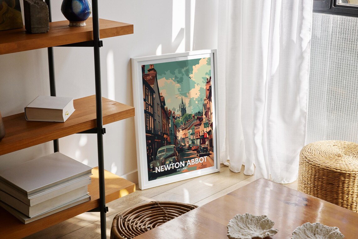 Newton Abbot England Classic Cars Market Town Vintage Travel Poster - Image 2