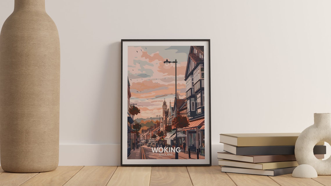 Woking England Sunset High Street Shops Evening Glow Vintage Poster - Image 3