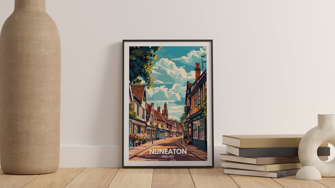 Nuneaton England Town Street Church Tower Flower Baskets Travel Poster - Image 3