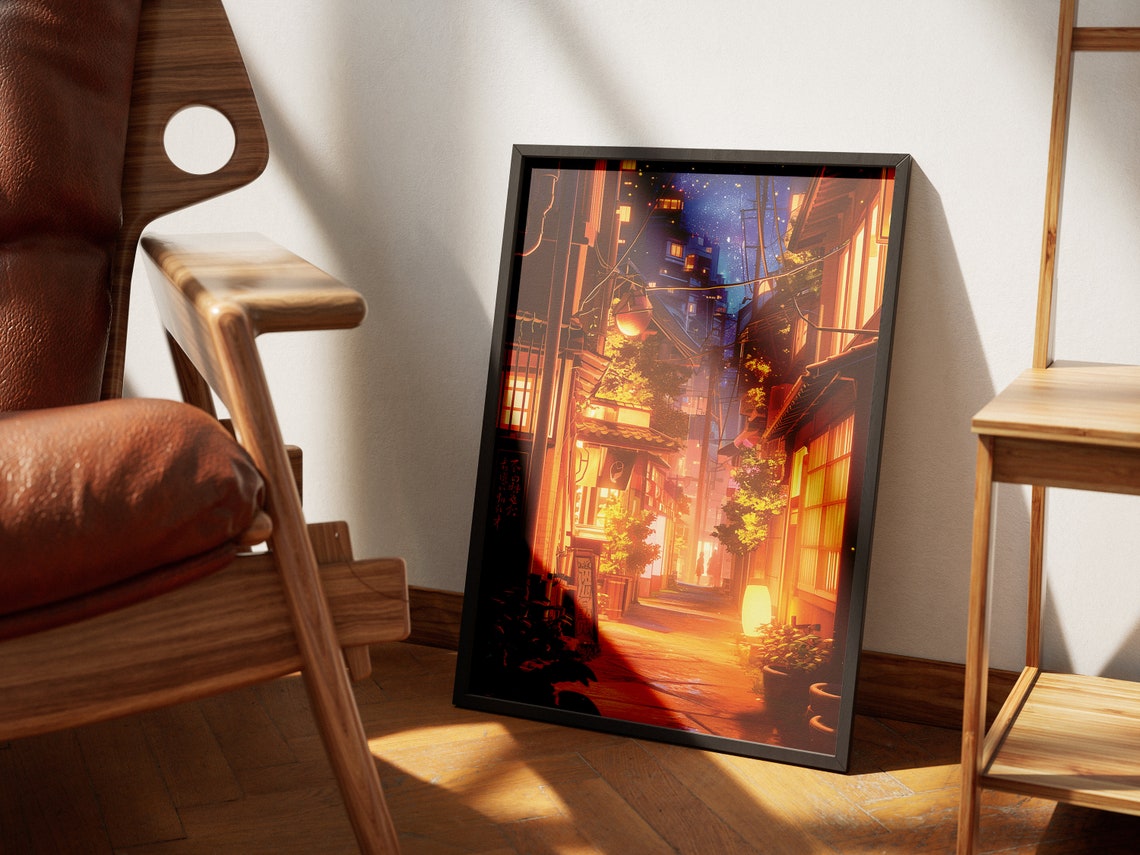 Dreamy Anime Night Alley With Glowing Lanterns Street Scene Poster - Image 2