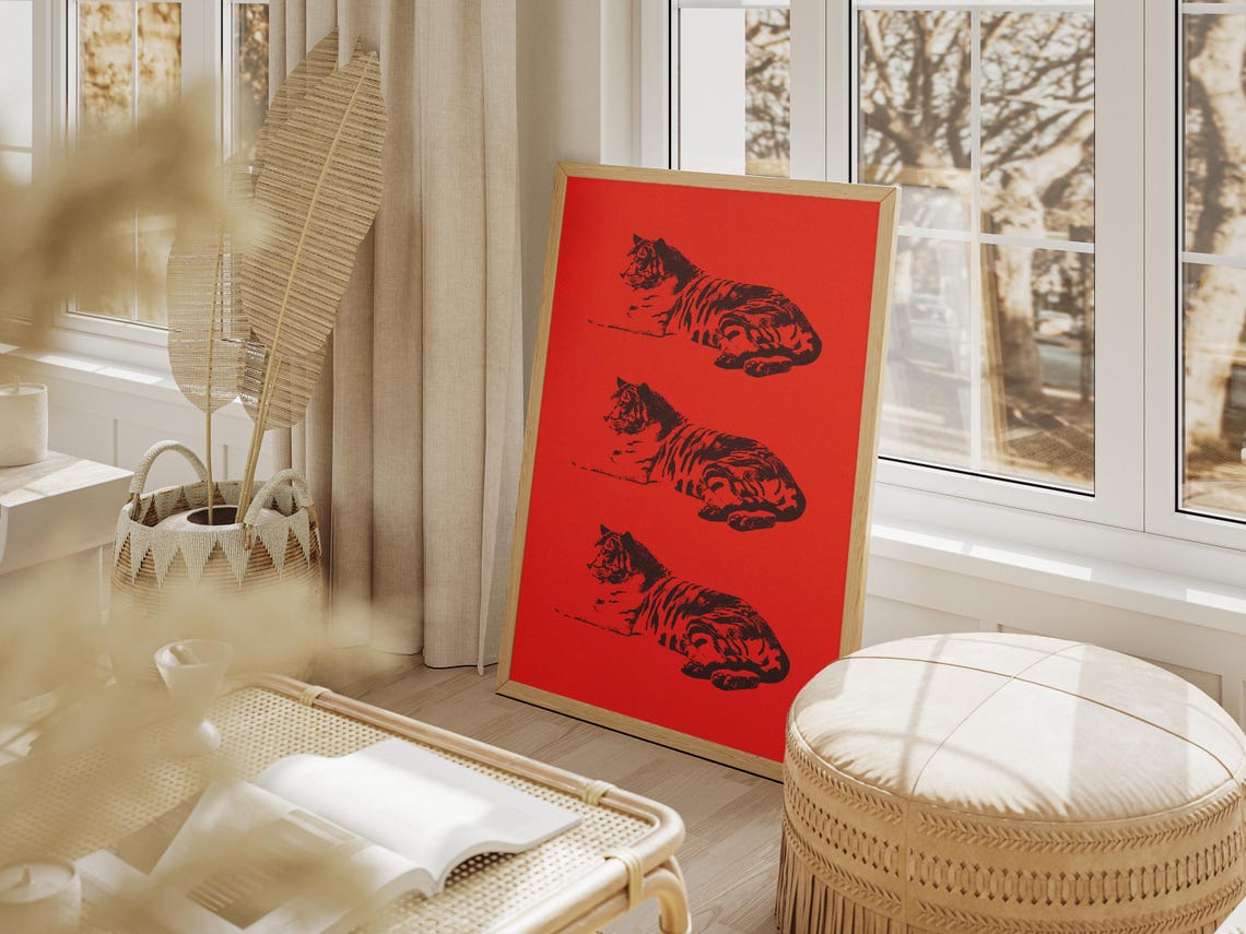 Triple Resting Tiger Bold Red Graphic Animal Art Decor Poster - Image 3