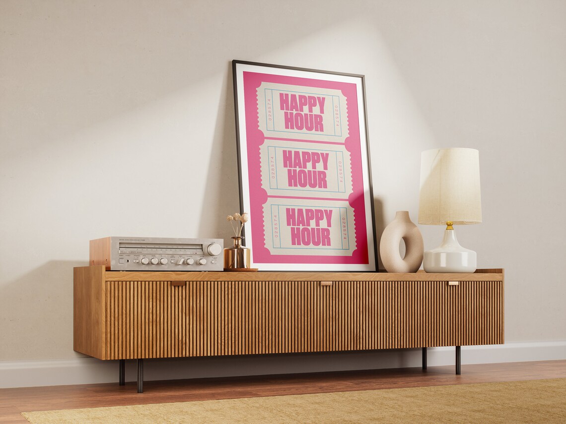Happy Hour Pink Ticket Retro Bar Cart Trendy Wall Decor Poster - Image 2