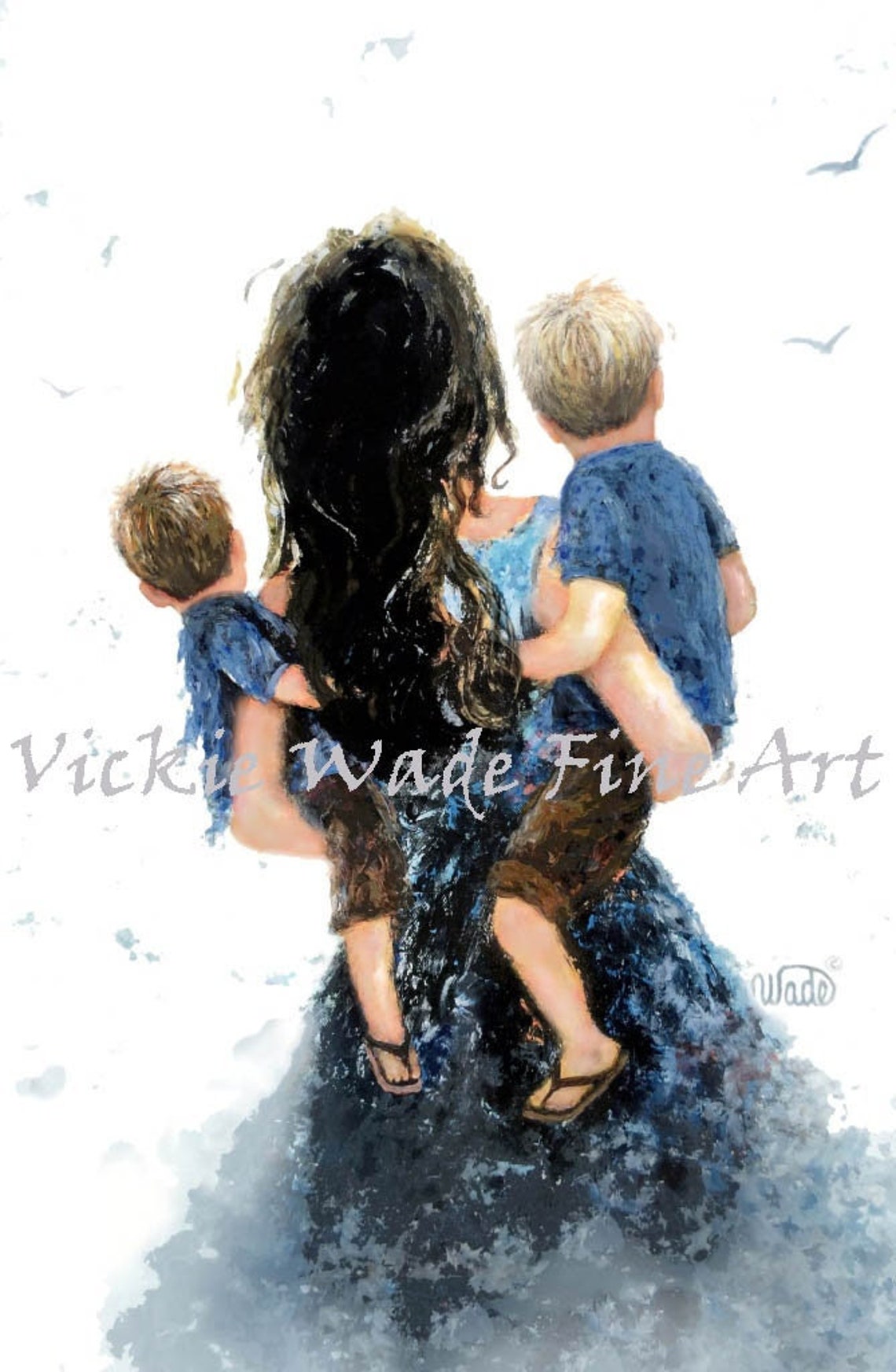 Dark Haired Mother Carrying Two Young Sons on Her Hips Poster