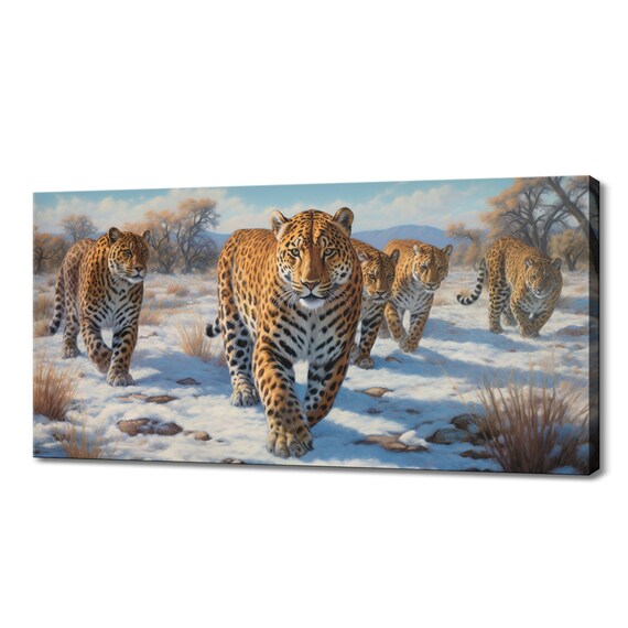 Five Leopards Approaching in Snowy Landscape Wildlife Painting Poster