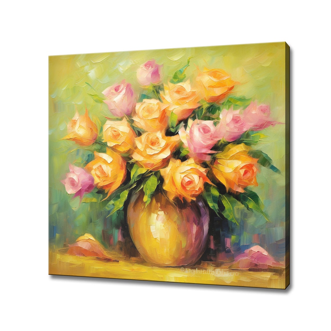 Vase Of Yellow Pink Roses Flowers Oil Painting Style Print Art Wall Hanging Living Room Decor Modern Design Floral Art Print