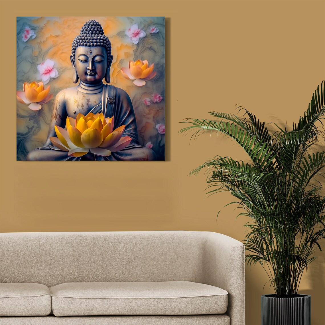Buddha With Orange Pink Flowers, Zen Art Print - Image 2