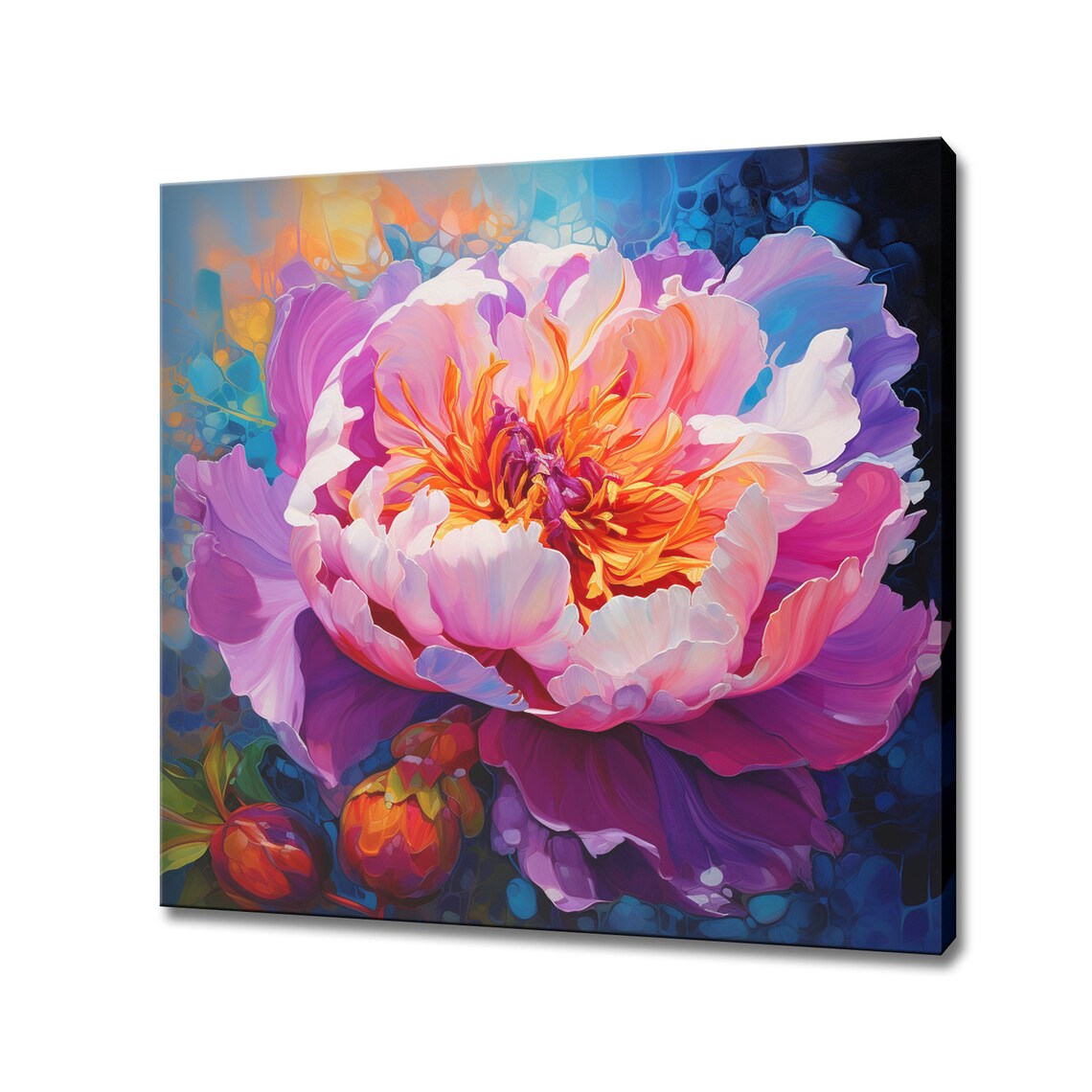 Pink Peony Flower Close Up Glowing Petals Dark Blue Floral Art Poster