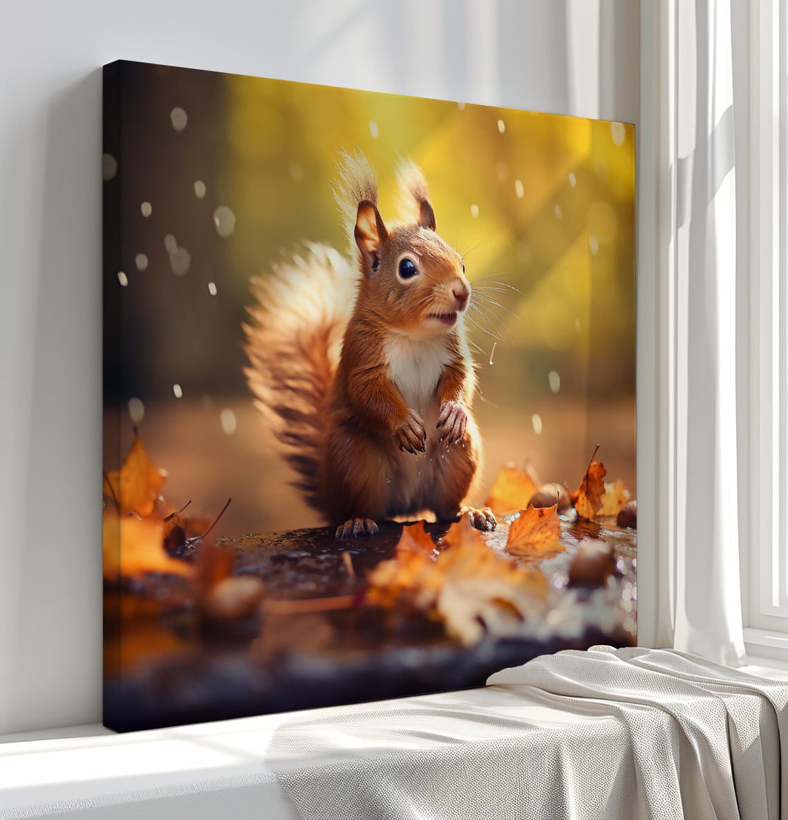 Golden Red Squirrel In Autumn Forest Rain Cute Wildlife Art Poster - Image 2