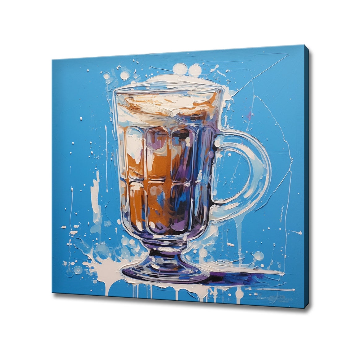 Creamy Coffee Mug Thick Impasto Style Bright Blue Kitchen Wall Art