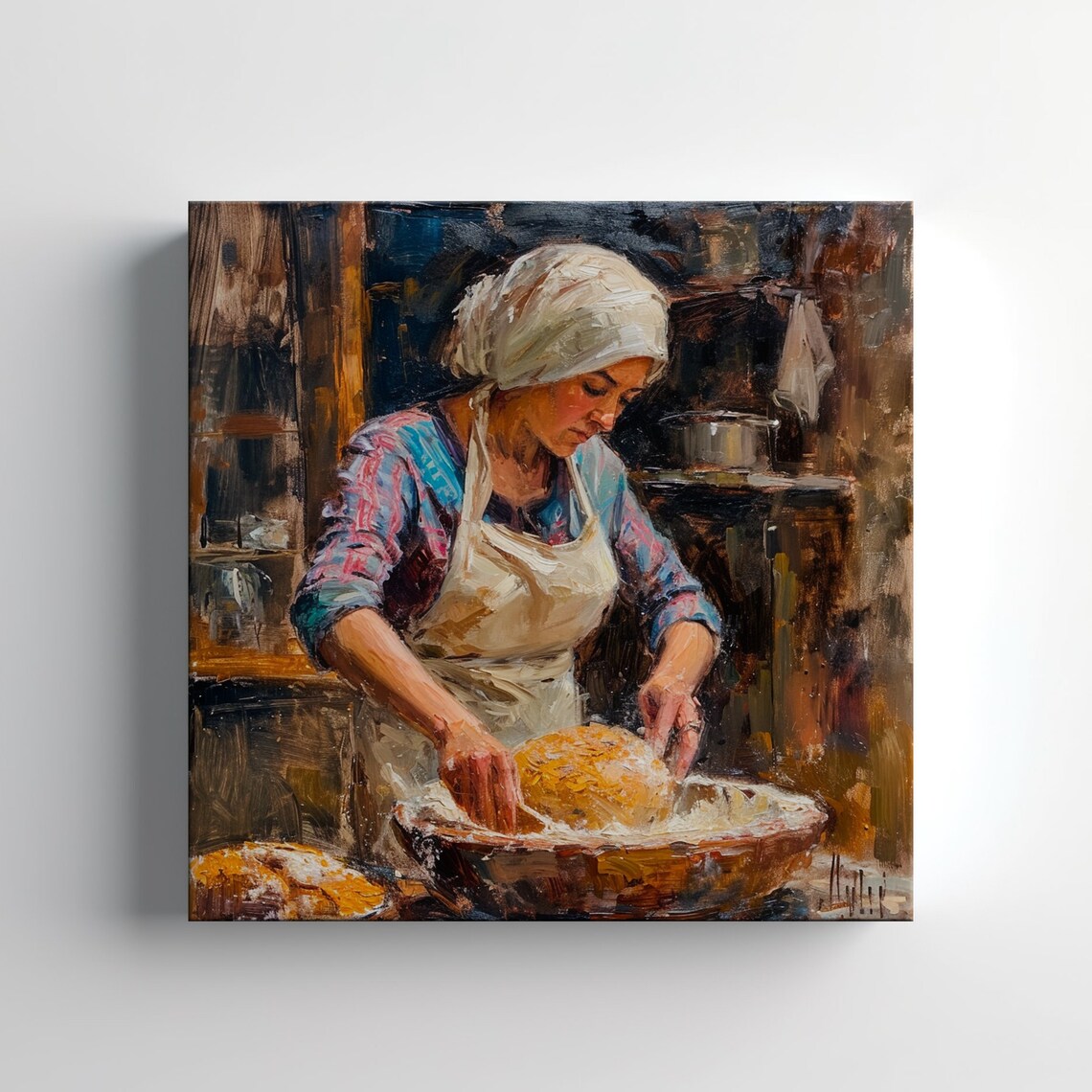 Woman Baking Bread Rustic Kitchen Vintage Oil Painting Art Poster - Image 2