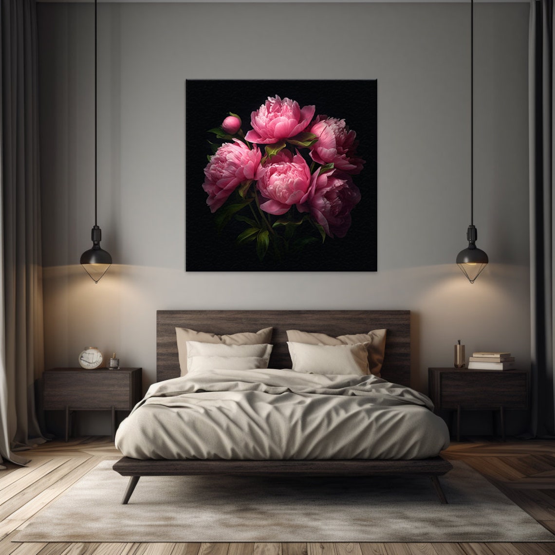 Dark Pink Peony Bouquet On Black Botanical Floral Wall Poster - Image 2