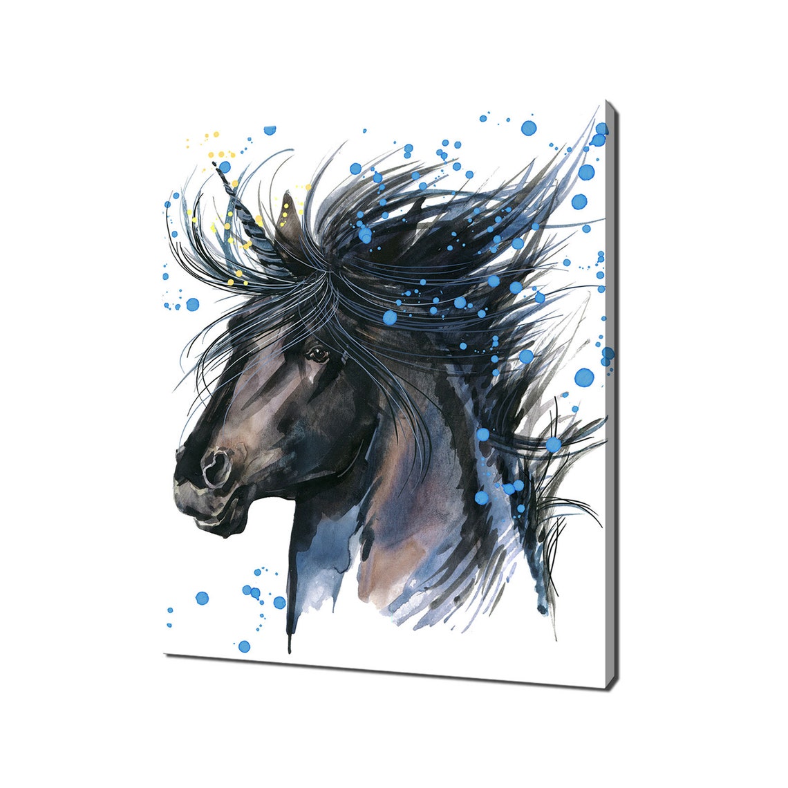 Black Horse Head Blue Paint Splash Windswept Mane Watercolor Poster