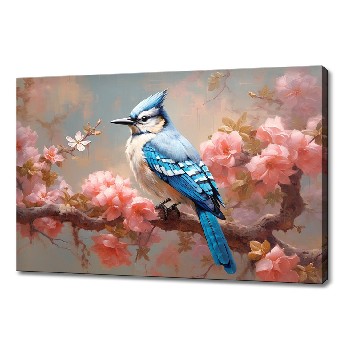 Blue Jay On Peach Blossom Branch Warm Spring Painting Wall Art Poster