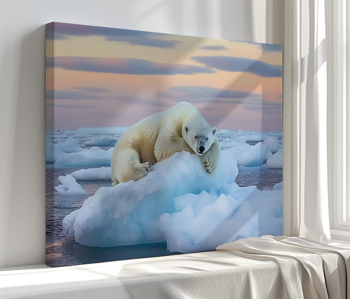 Sleeping Polar Bear Ice Floe Arctic Sunset Serene Wildlife Photo Art Poster