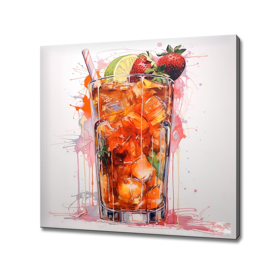 Strawberry Lime Amber Iced Drink Pink Splash Bar Wall Art Poster
