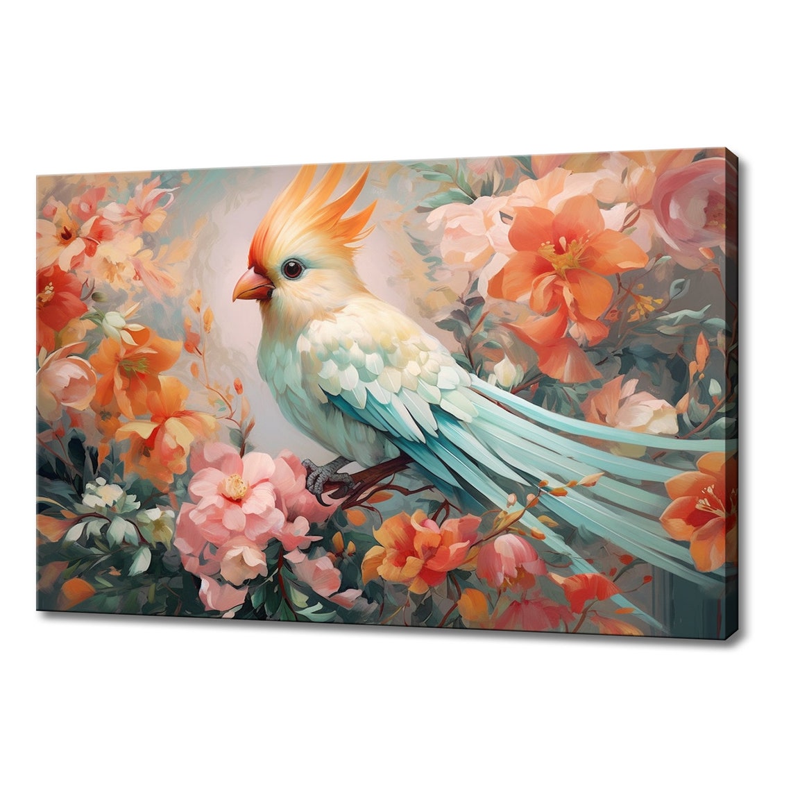 Crested Cockatiel Parrot Among Coral Flowers Pastel Bird Art Poster