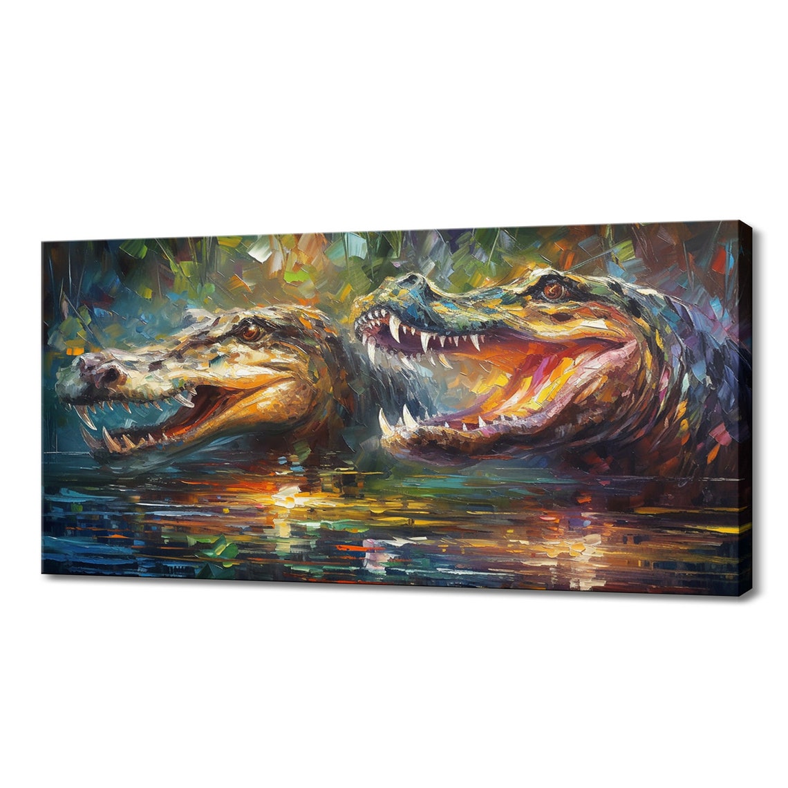 Two Alligators Open Jaws Water Impasto Oil Painting Reptile Wall Art