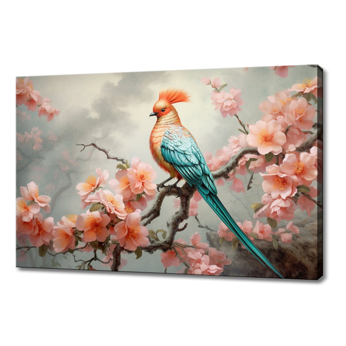 Little Cute Bird Sitting On Blossoming Tree Branch Print Serene Spring Scene Art Beautiful Bird Home Decor Nature Inspired Wall Art