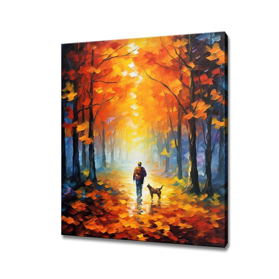 Autumn Forest Path With Dog Walker Palette Knife Painting Poster