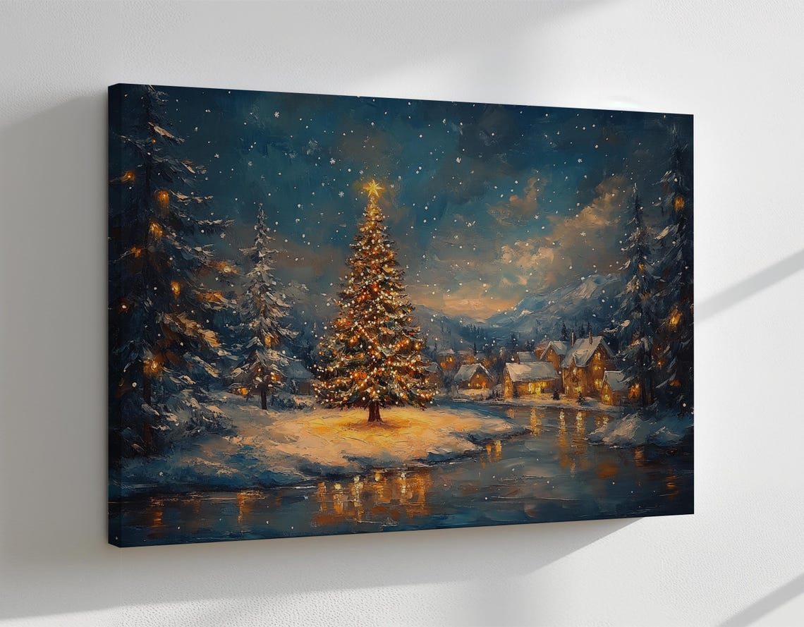 Magical Christmas Tree In Village Houses Vintage Painting Print Countryside Print Living Room Wall Art Farmhouse Decor Art - Image 4