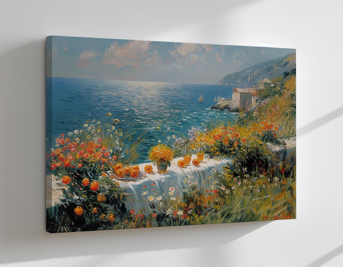 Mediterranean Sunset Seascape Vintage Oil Painting Monet Style Print Countryside Modern Living Room Wall Art Farmhouse Decor Art - Image 4