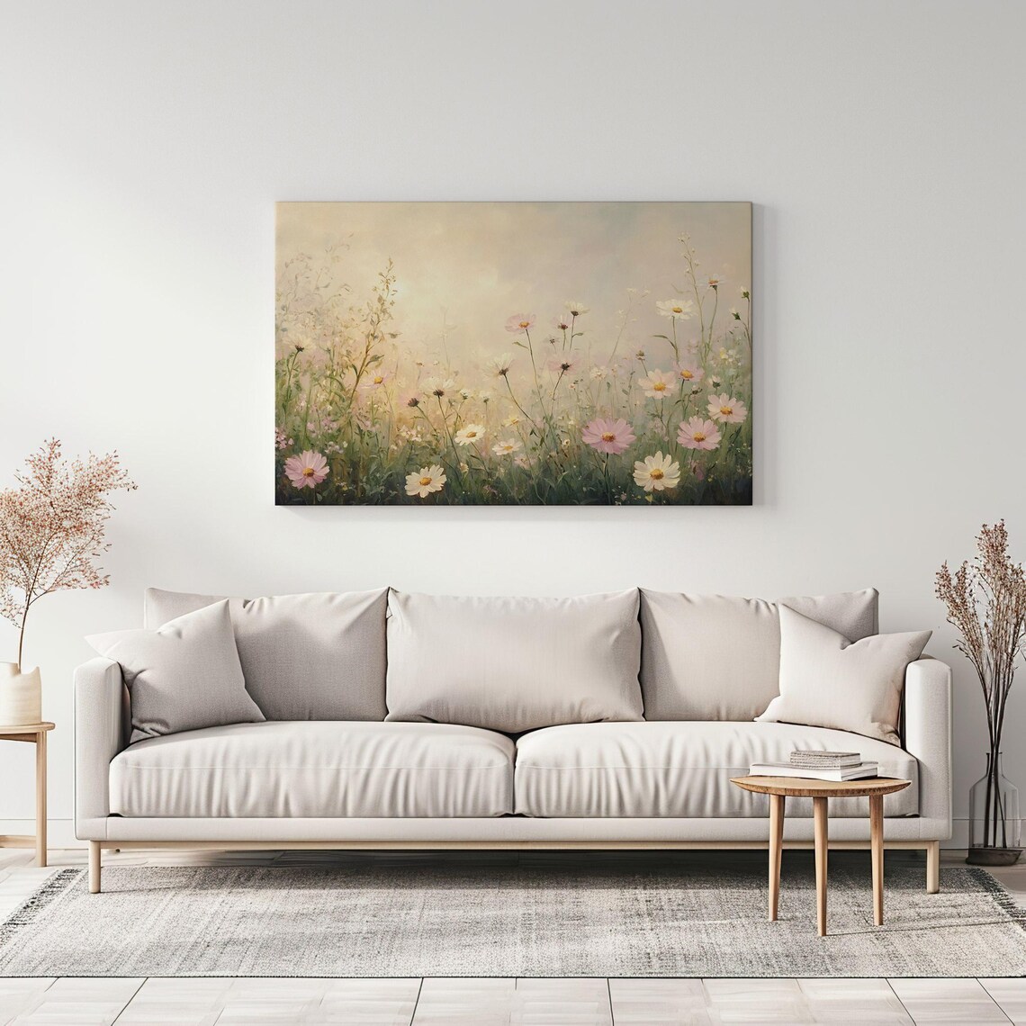Pastel Pink White Daisy Flowers Meadow Field Vintage Painting Print Countryside Print Living Room Wall Art Farmhouse Decor Art - Image 3