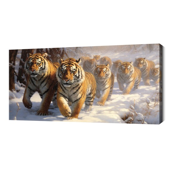 Tigers Running Through Snowy Forest Winter Wildlife Art Poster