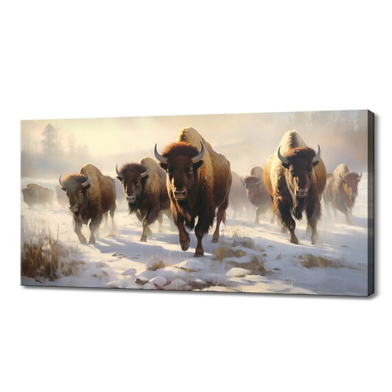 Bison Herd Charging Through Snow Majestic Winter Wildlife Wall Art Print