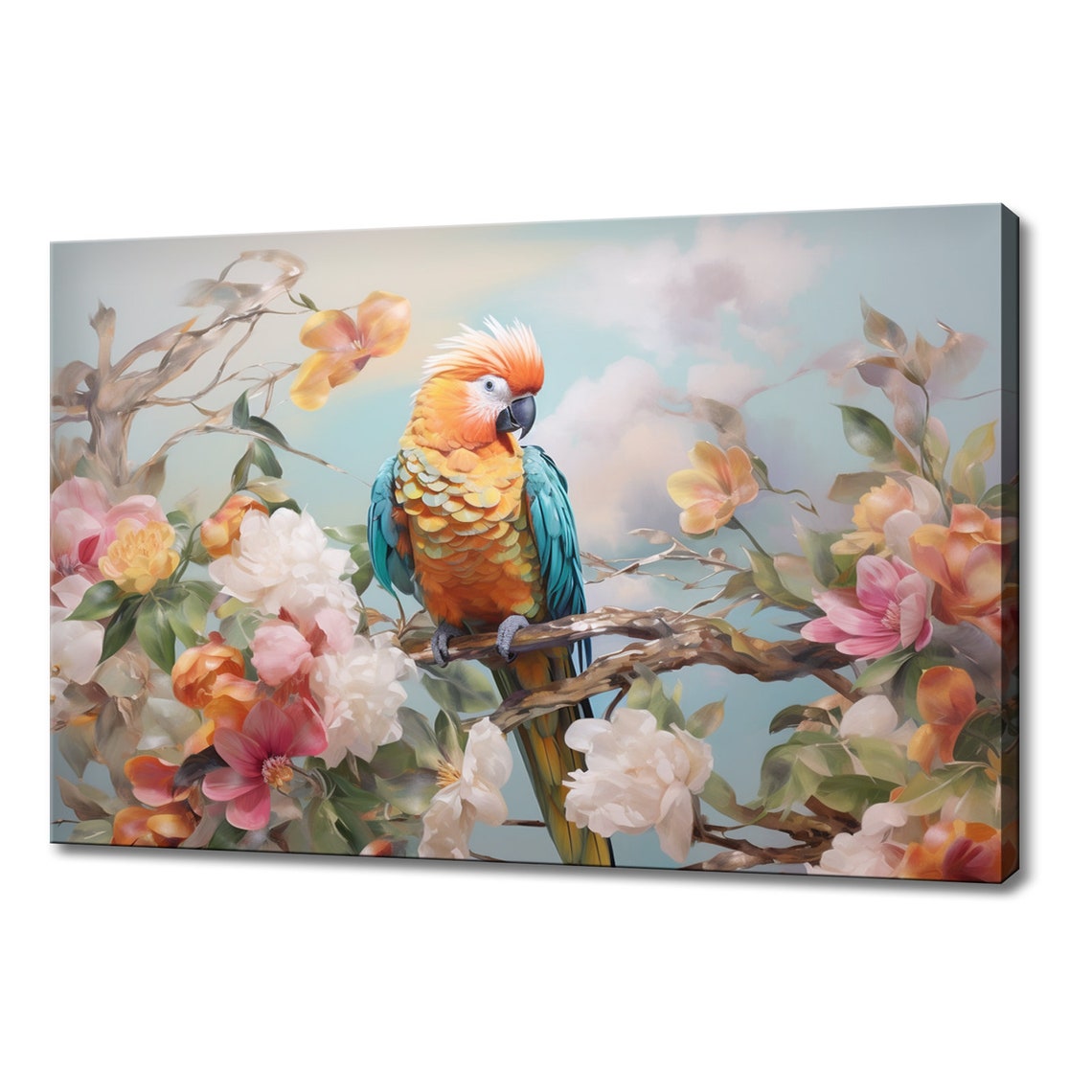 Orange Crested Parrot On Flowering Branch Soft Pastel Bird Art Poster