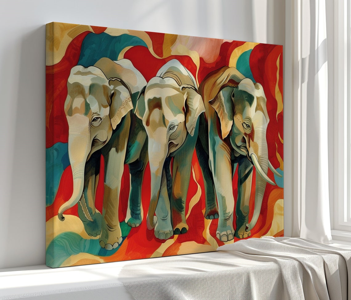 Three Elephants Bold Abstract Red Teal Gold Dramatic Safari Art Poster