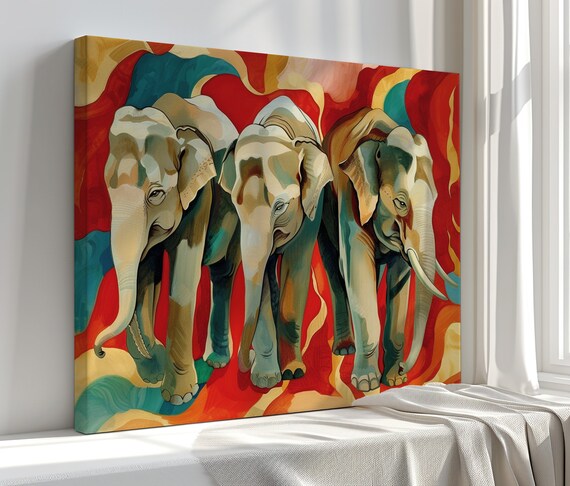 Three Elephants Bold Abstract Red Teal Gold Dramatic Safari Art Poster