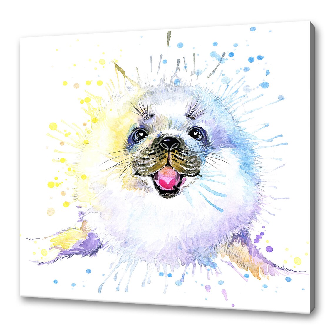 Cute Baby Seal Watercolour Splash Nursery Animal Wall Poster