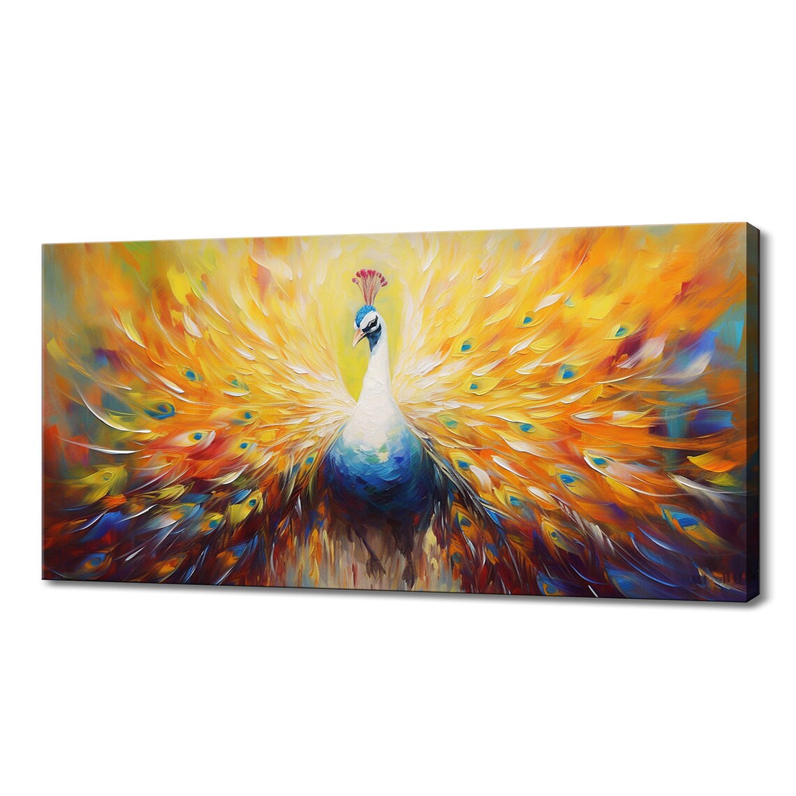 Golden Peacock Fanned Tail Sunrise Yellow Impasto Bird Portrait Poster