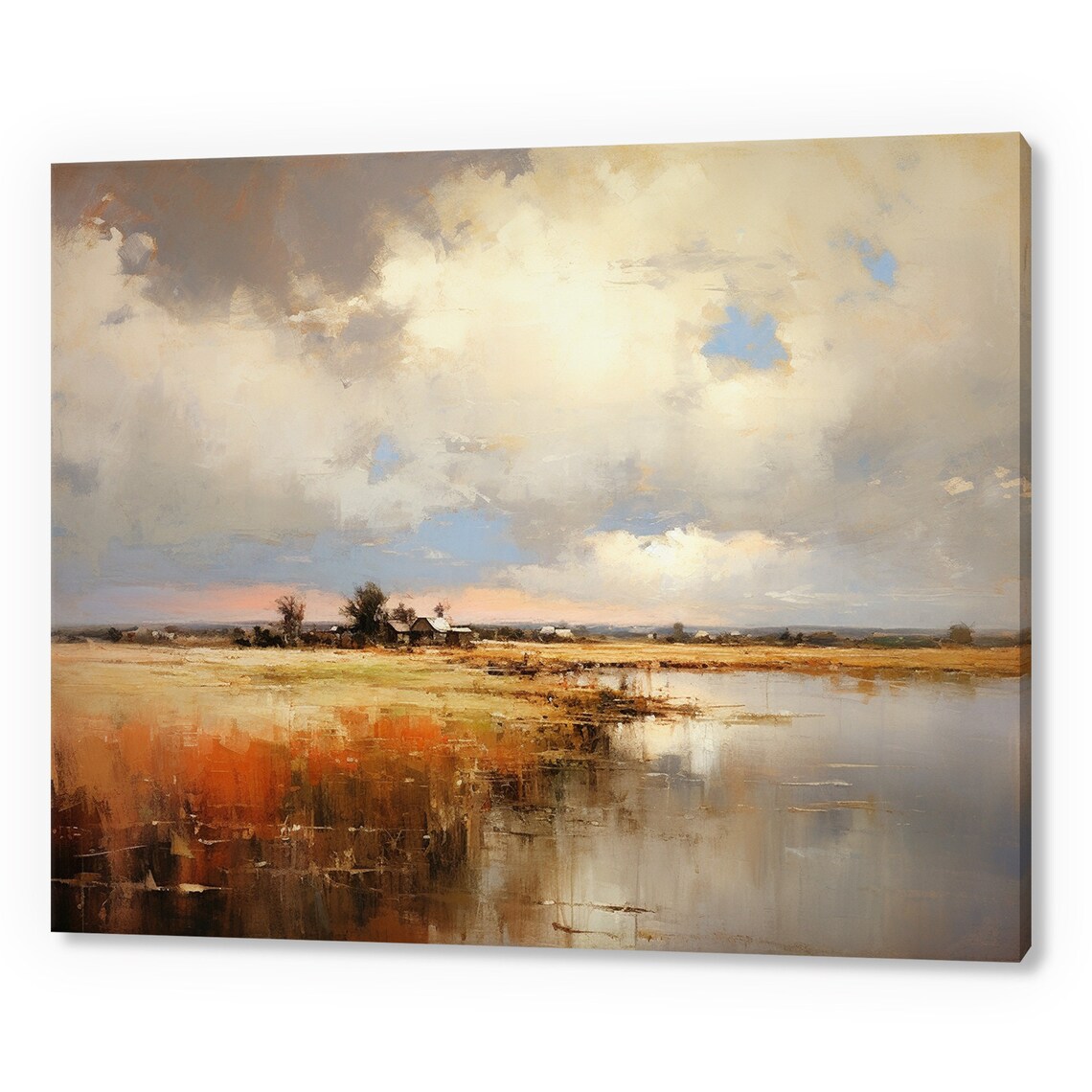 Stormy Clouds Over Golden Lake Distant Farmhouse Vintage Travel Poster
