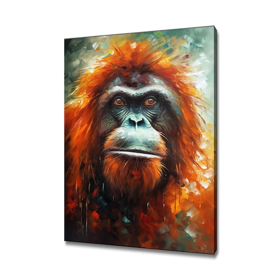 Majestic Orangutan Portrait Fiery Orange Oil Painting Jungle Ape Wall Art Print