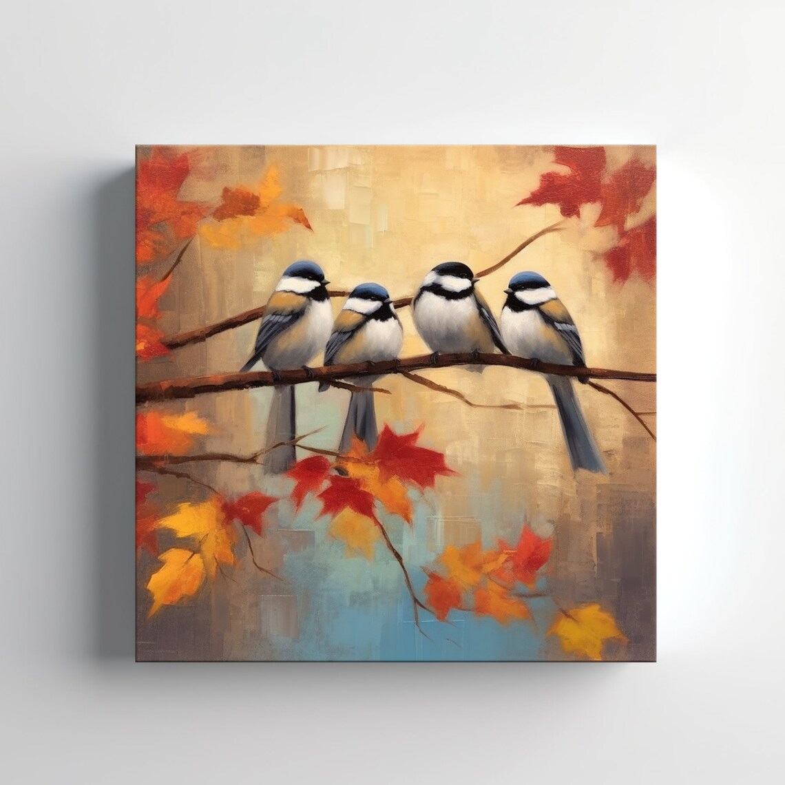 Four Chickadees on Branch Autumn Leaves Bird Painting Poster - Image 3